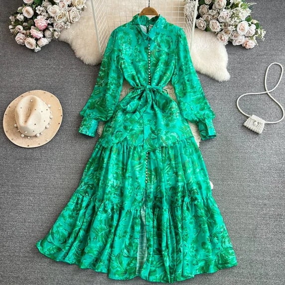 Chic Elegant Print Long Sleeves Lapel Single Breasted Dress A-line High Waist Vacation Party Women French Autumn Vestidos