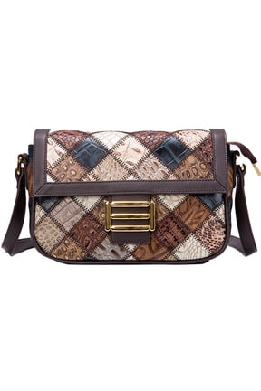 Chic Embossed Leather Crossbody Shoulder Bag for Women Patchwork Handcrafted Purse with Gold Hardware, Adjustable Strap & Secure Zipper Closure