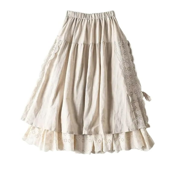 Chic Embroidery Linen Cotton Long Skirts for Women in Summer. Elastic Waist, Pleated. Elegant -Line. Beige. S