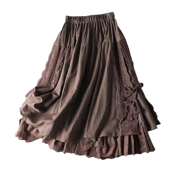 Chic Embroidery Linen Cotton Long Skirts for Women in Summer. Elastic Waist, Pleated. Elegant -Line. Beige. S