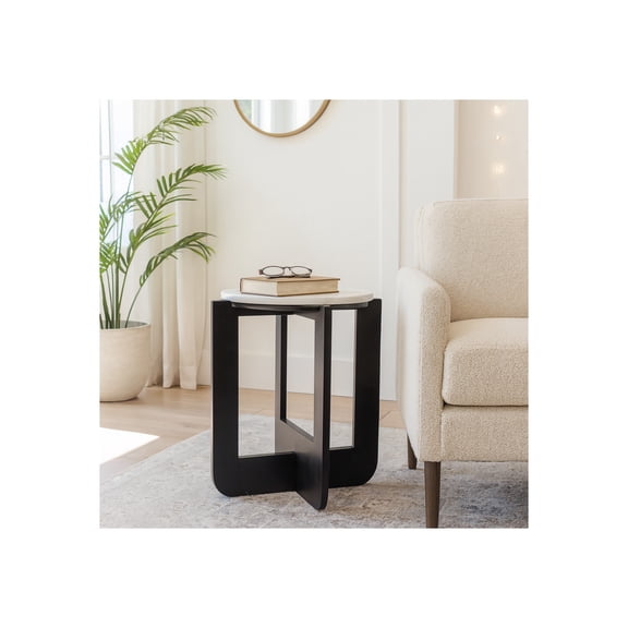 Chic End Table, Side Table, or Small Night Stand for Room Decor - Sturdy Wood Criss-cross Bedside Table with Marble Top for Small Spaces - Accent Table for Bedroom or Living Room - 20" White & Black