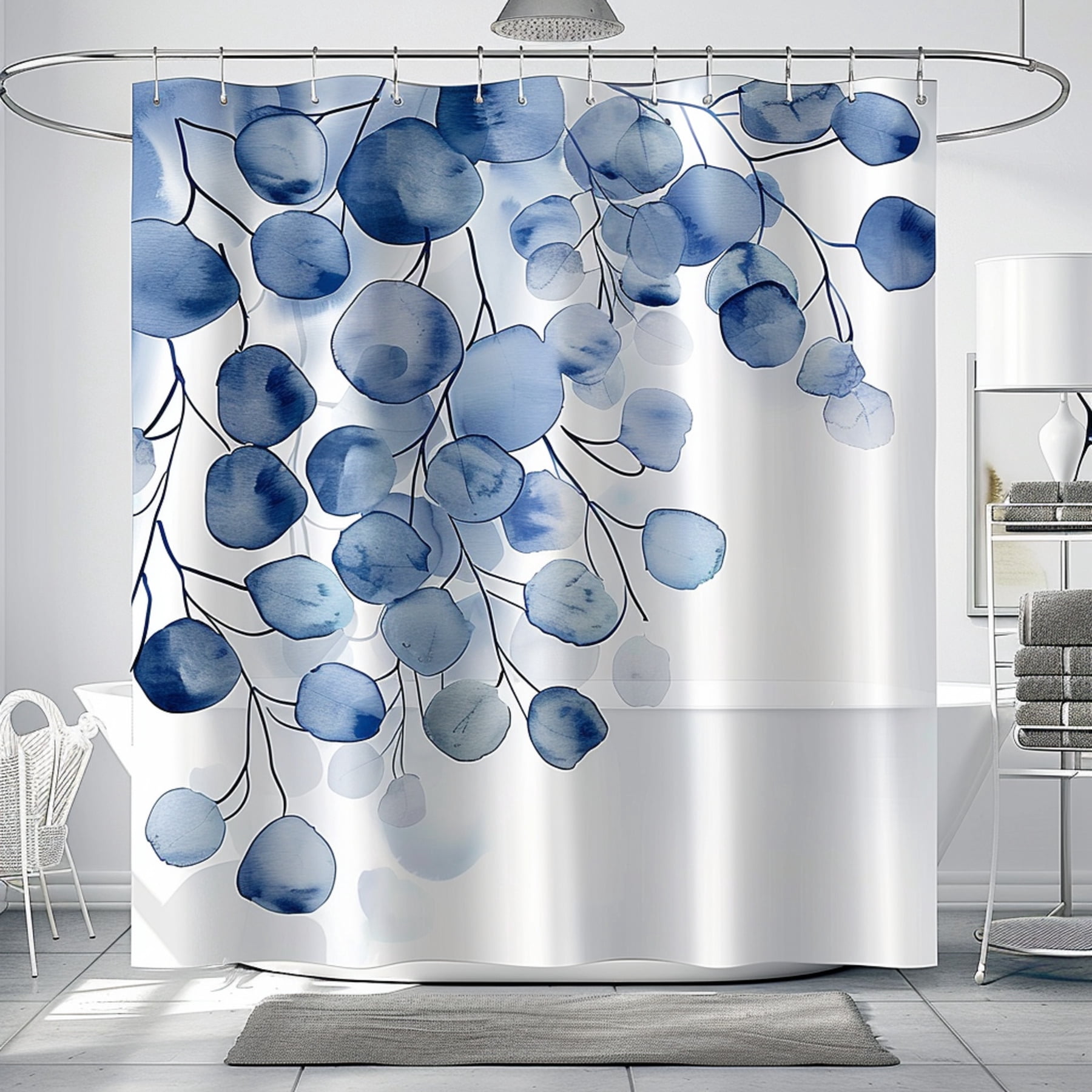 Chic Eucalyptus Watercolor Shower Curtain Blue & White Minimalist