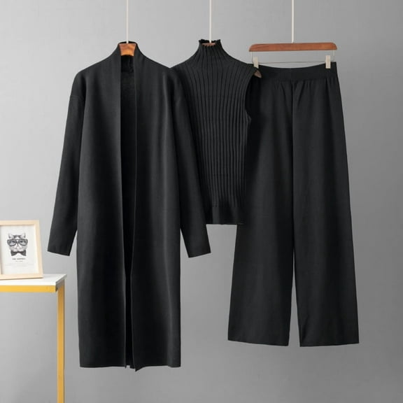 Chic European And American Style Solid Color Three-Piece Women'S Set With Shawl Cardigan, V-Neck Knit Top, And Wide Leg Trousers. Perfect For Casual Wear
