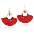 thumbnail image 1 of Chic Fan Shaped Red Tassels with Agate Bead Accent Brass Dangle Earrings, 1 of 4