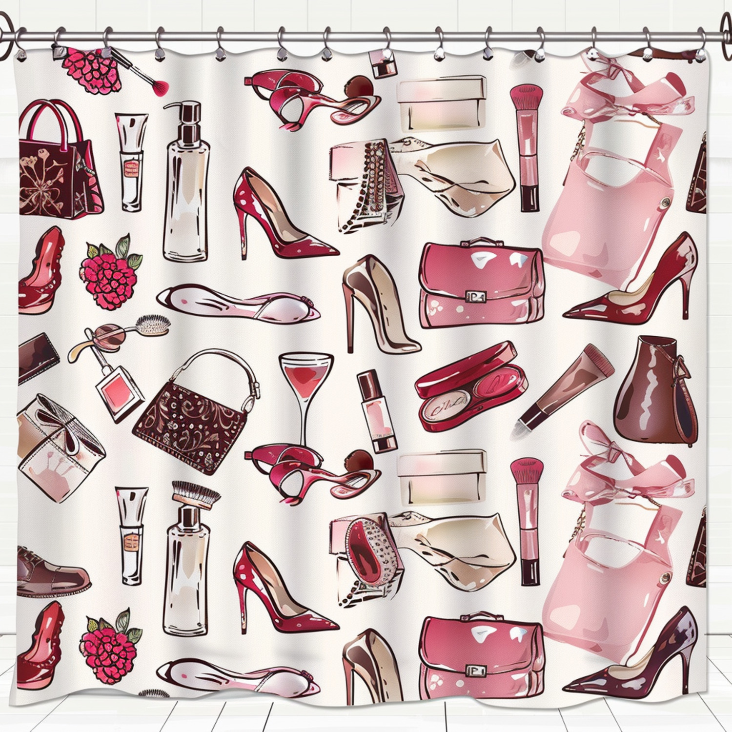 Chic Fashion High Heels Handbags Makeup Shower Curtain Pink Red Brown