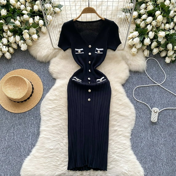 Chic Fashion Sexy Wrap Hips Knitted Dress Women V-neck Short Sleeve Bodycon Pleated Sweater Dress Office Lady Vestios