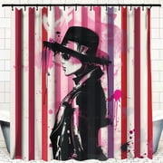 Chic Fashionista Artistic Brush Strokes Coat & Hat Design on Red White Striped Background Glamorous Bathroom Curtain Print