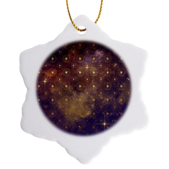 3drose, Chic Faux Gold Star Bursts on a Purple Galaxy Sky Pattern, 3 inch Snowflake Porcelain Ornament