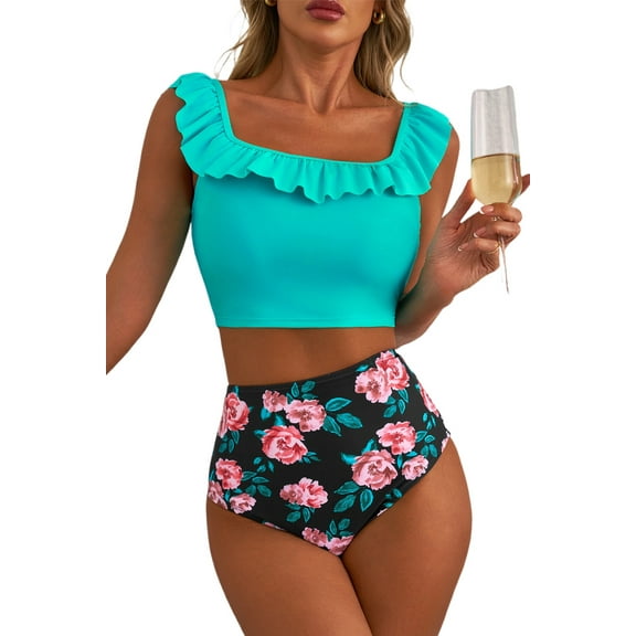 Chic & Feminine Sea Green Ruffled Square Neck Swimsuit with Floral Print Bottoms | [ZhiHiMeRi] | (US 12-14)L