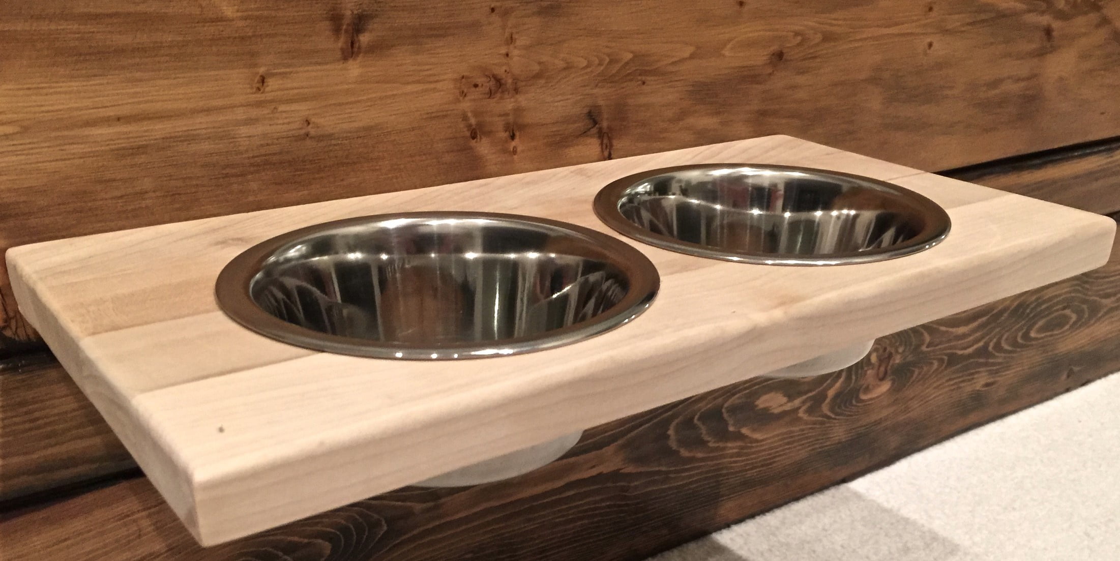Chic, Floating, Wood, Height-Flexible Wall Mount Dog/Cat/Pet Food & Water Bowl Holder/Feeder w 2 S.S. Dishwasher-Safe Bowls (~ 2 Quart / 64 oz / 1890 ml) for Large Pets 2-screw installation