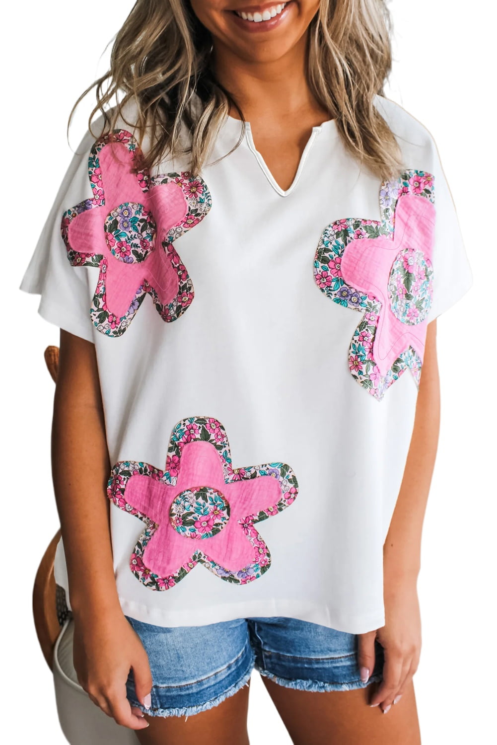 White Floral Applique Notched V Neck Dolman Sleeve Top main image 0