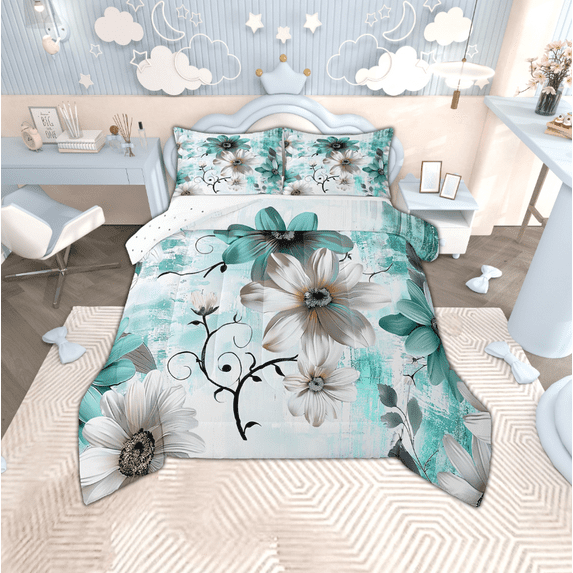 Chic Floral Bedding Women Daisy Flower Comforter Set , Teal Ombre Duvet Insert Gradient Oil Painting Quilt Comforter, Vintage Watercolor Bedding Comforters & Sets