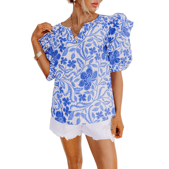 Chic Floral Blouse: Dark Blue Ruffled Bubble Sleeve Top for Women
