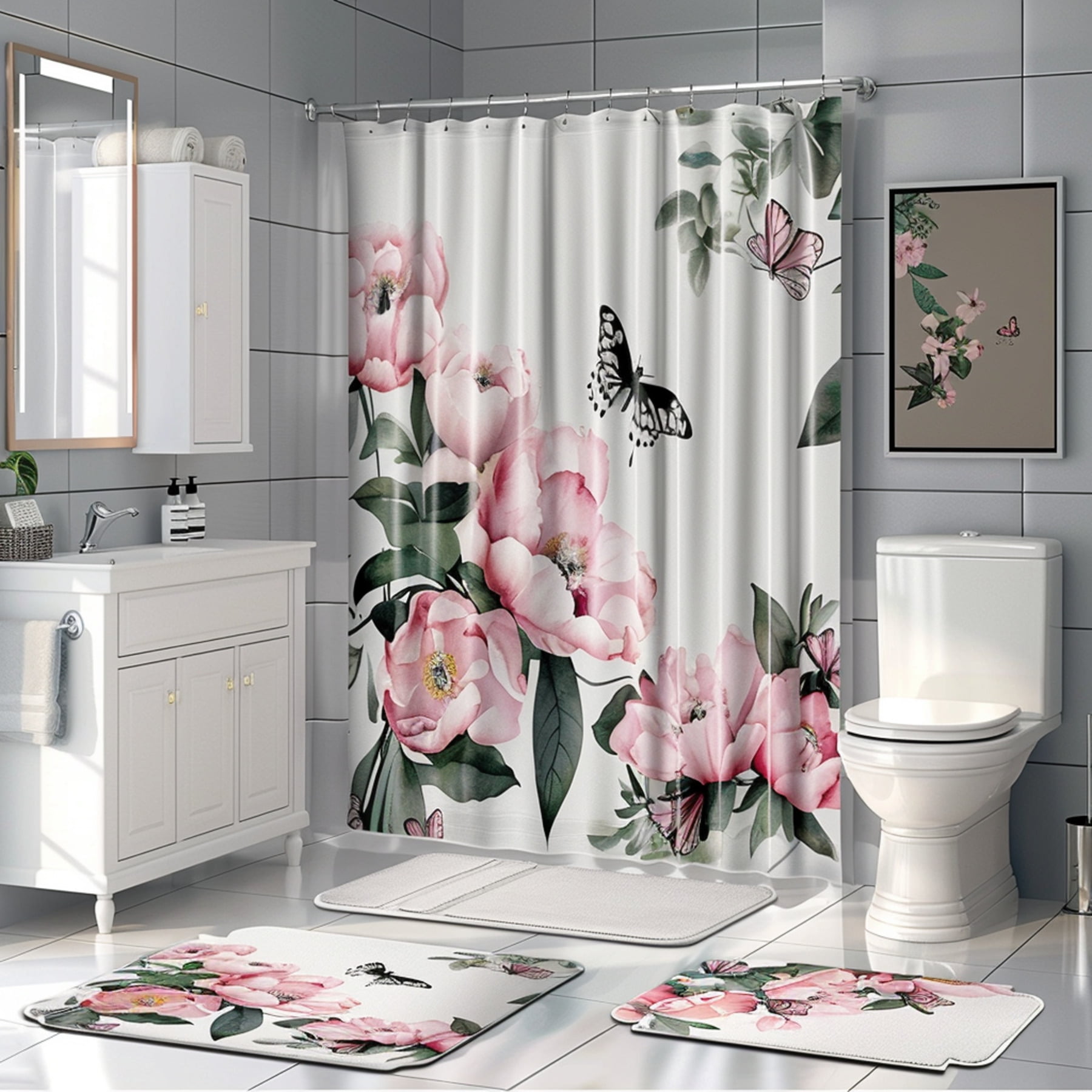 Chic Floral Butterfly Bathroom Set Pink Peonies Green Flowers Elegant ...