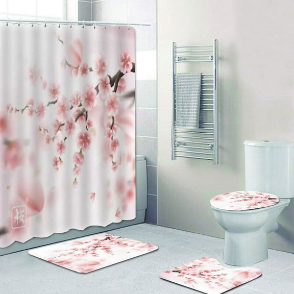 Chic Floral Pink Cherry Blossoms Shower Curtain Set Bathroom Cherry Sakura Flowers Branch Bath Curtains Mats Rugs Set Home Decor