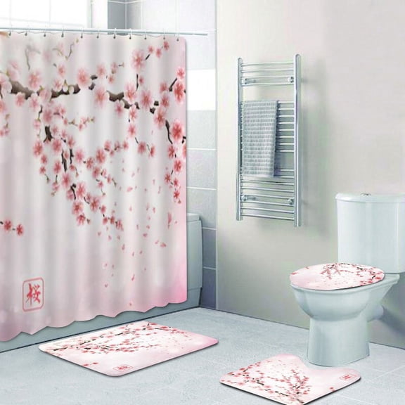 Chic Floral Pink Cherry Blossoms Shower Curtain Set Bathroom Cherry Sakura Flowers Branch Bath Curtains Mats Rugs Set Home Decor