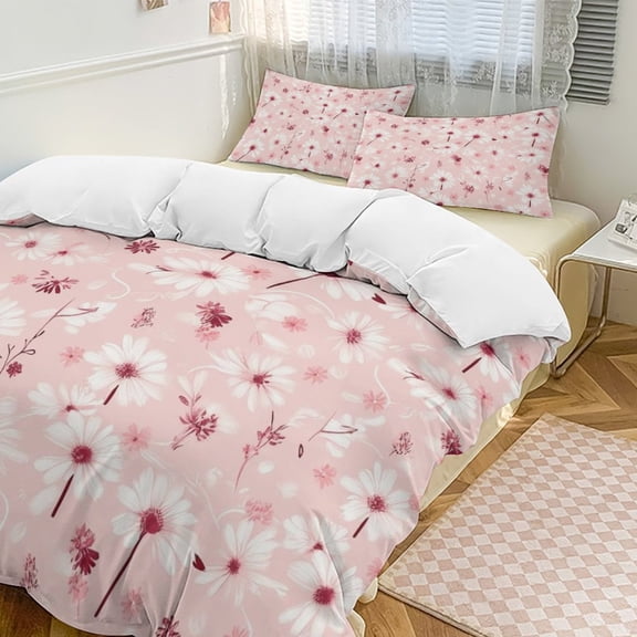 Chic Floral Pink Pattern Set Duvet Cover Themed Multicolor Polyester Bedding Set Duvet Cover for Queen Size