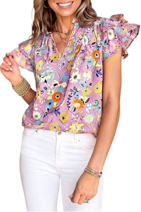 Chic Floral Print V Neck Blouse for Daily Wear - Pink Flutter Sleeve Top - [ZhiHiMeRi] | (US 8-10)M