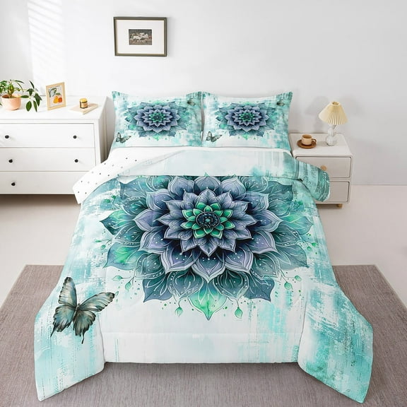 Chic Floral Queen Size Comforter Set Women Mandala Flower Bedding Set,Teal Ombre Down Comforter Gradient Oil Painting Bed Set,Vintage Watercolor Quilted Duvet