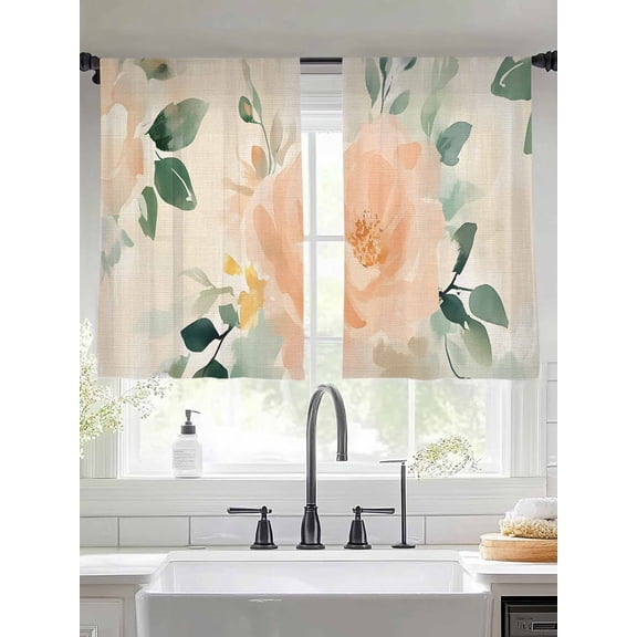 Chic Floral Sheer Curtains for Living Room Bedroom Spring Pastoral Pink Flowers Green Lead Sheer Curtains 45 Inch Long 2 Panels Set Light Filtering Curtain Window Treatments Drapes for Dining Room