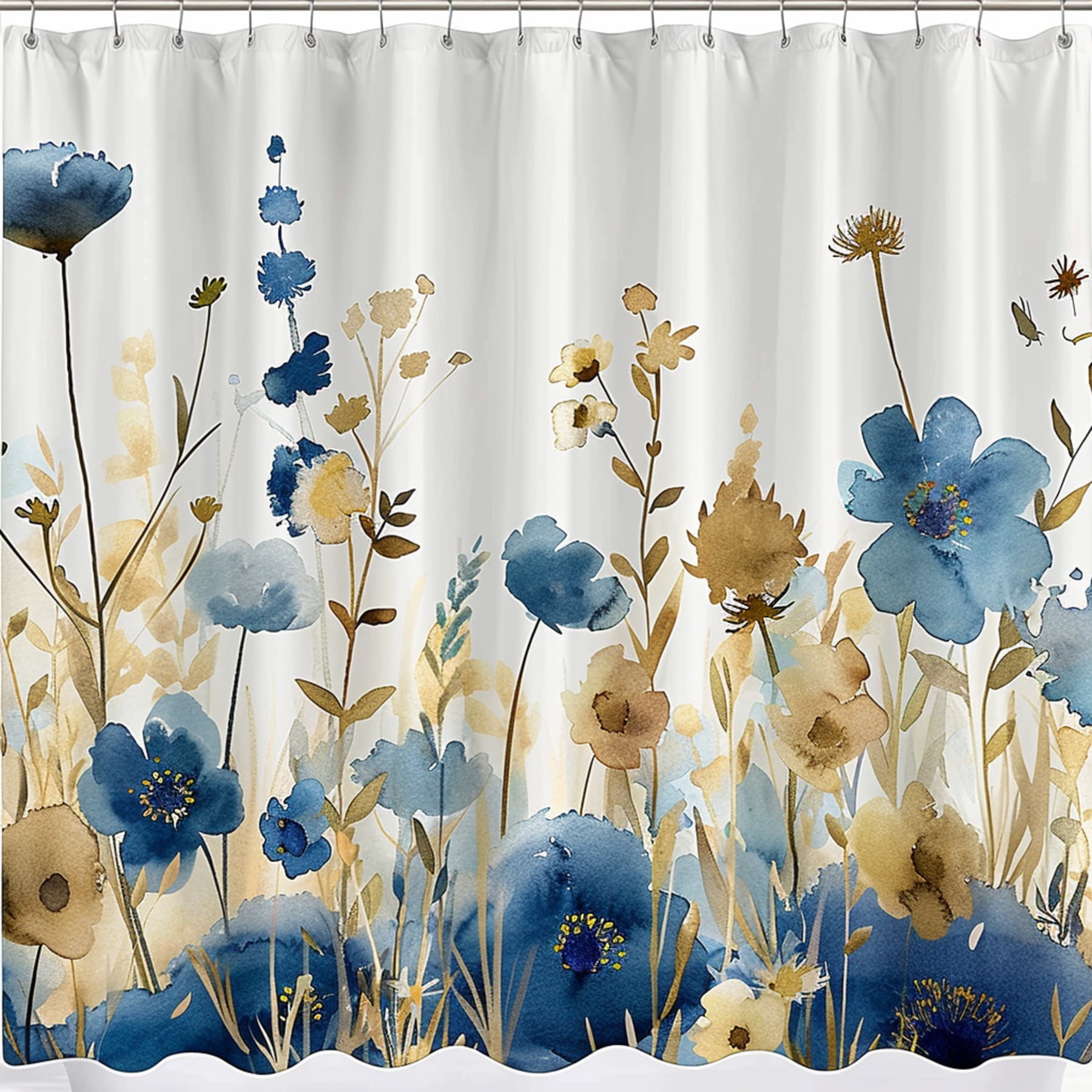 Chic Floral Shower Curtain Elegant Blue And Gold Design Perfect For