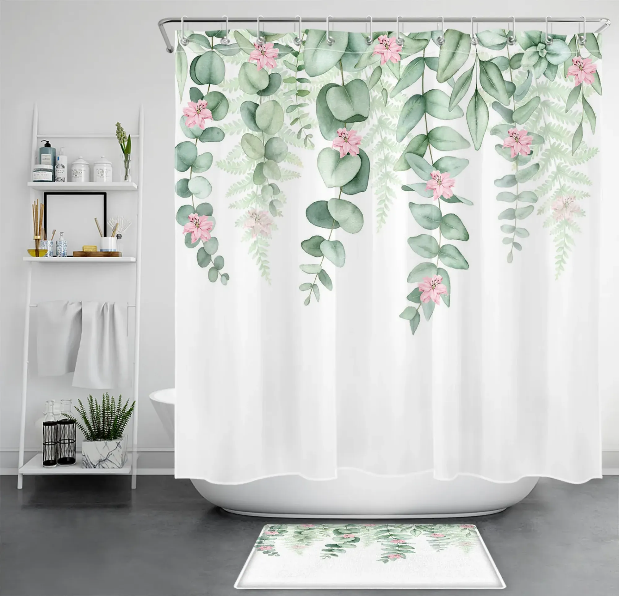 Chic Floral Shower Curtain Featuring Soft Pink Flowers Stylish Bathroom Decor with Botanical