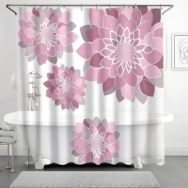 Chic Floral Shower Curtain Set Elegant Pink and Gray Flowers High