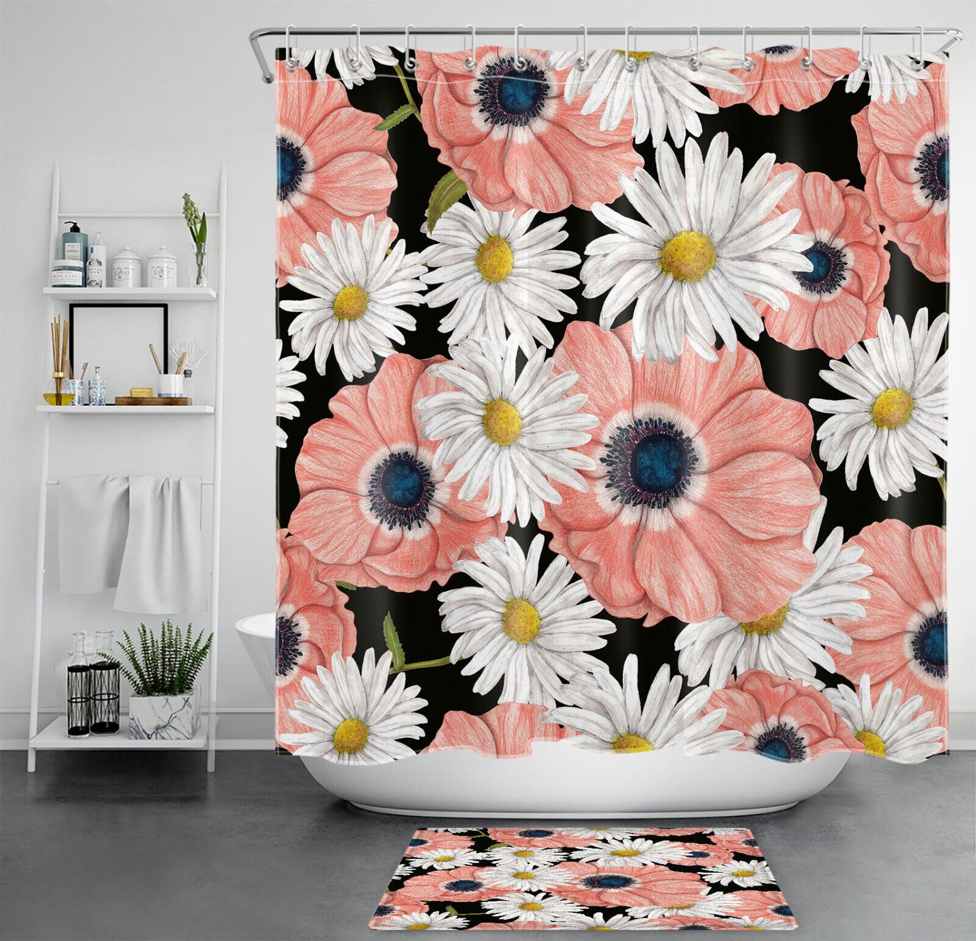 Chic Floral Shower Curtain Set With Black Plant Accents And Vibrant