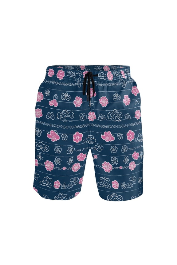 Chic Floral Stripes Mens Swim Trunks Quick Dry Board Shorts Breathable Fit Beach Shorts Swimwear