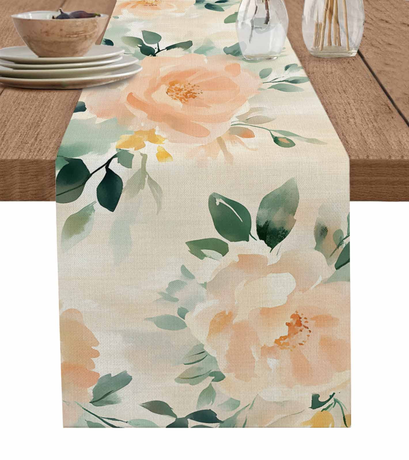 Chic Floral Table Runner 70 Inches, Spring Pastoral Pink Flowers Green ...