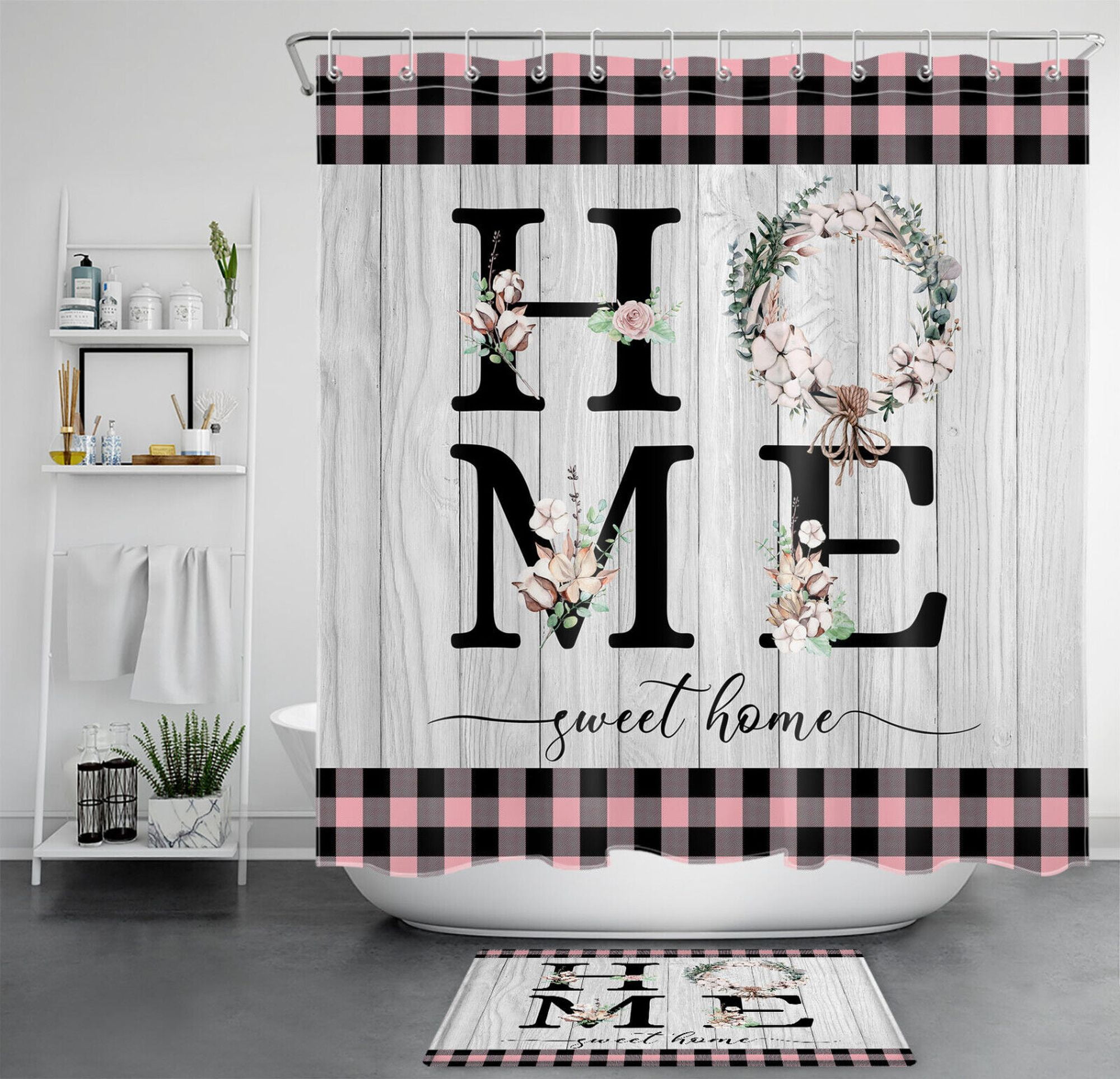 Chic Floral and Plaid Bathroom Decor Set in Blush and Black Stylish