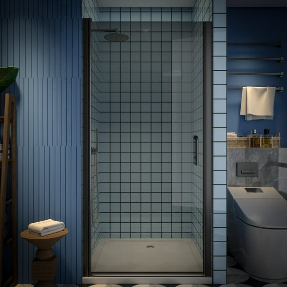 Classy-G 36-37.3" W x 72" H Pivot Semi-Frameless Shower Door Matte Black Smoke Gray Glass Shower Door with Handle