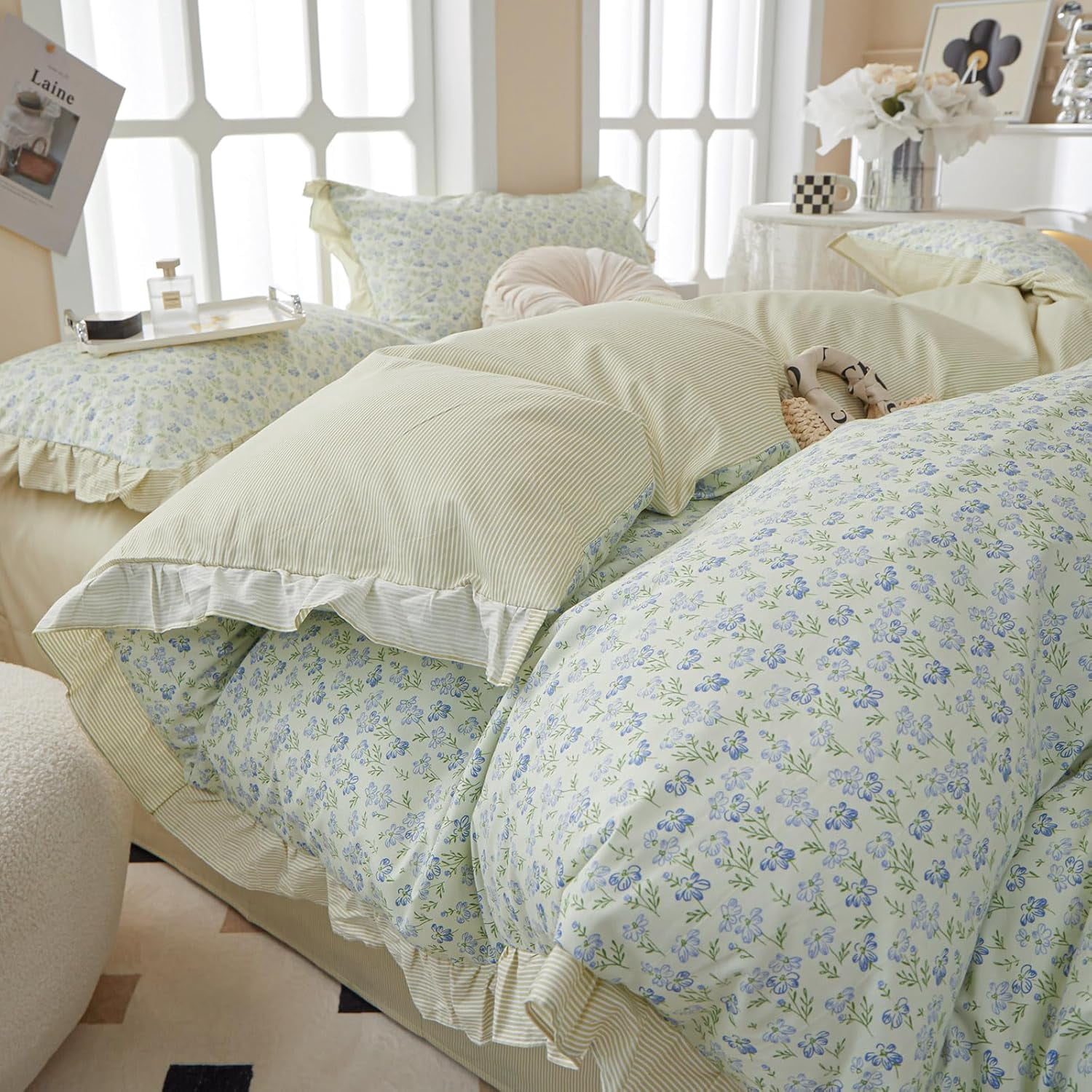 Chic French Style Garden Floral Ruffled Comforter Set Full White Soft Fluffy Microfiber Blue ...