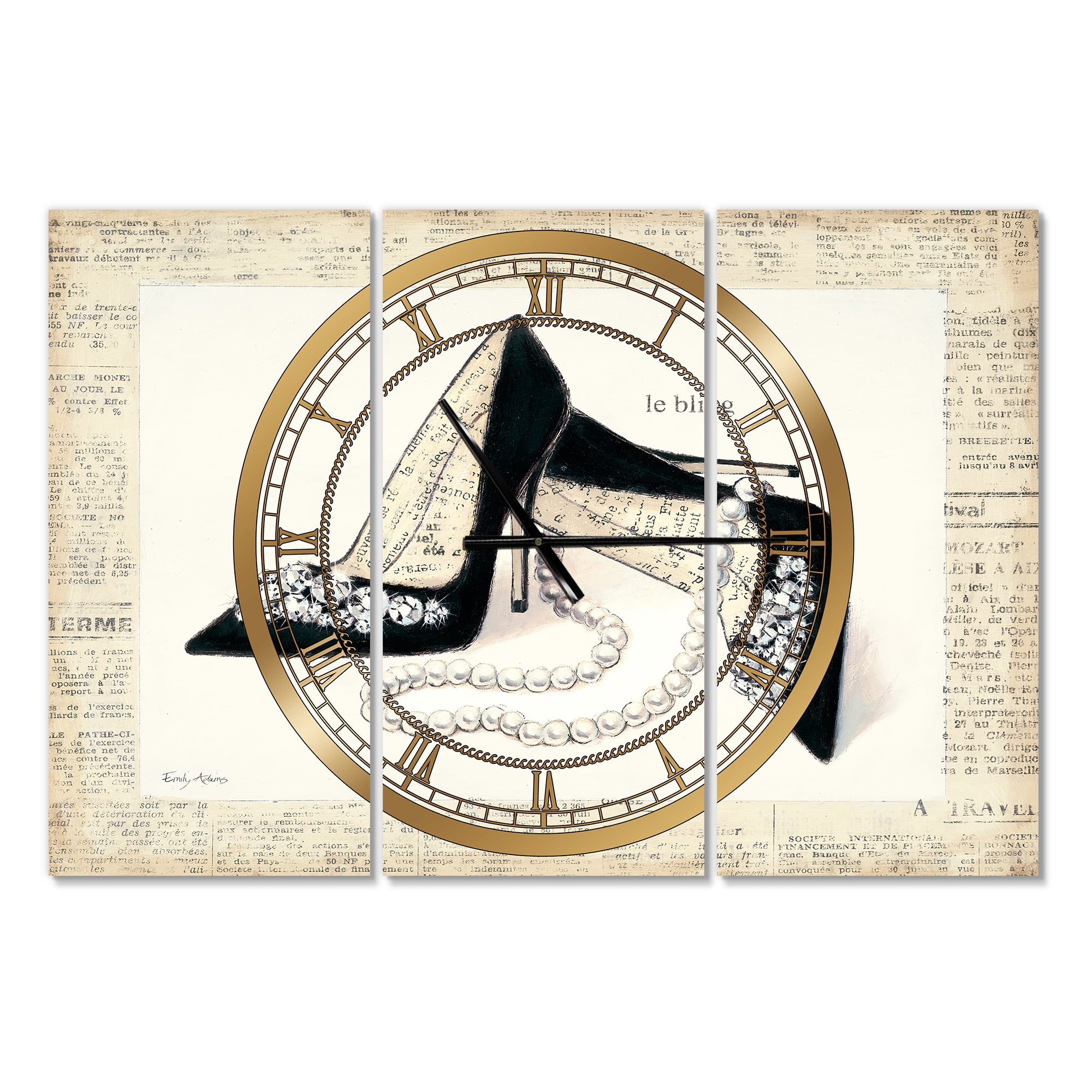 Chic Galm Closet I' Glam 3 Panels Oversized Metal Clock - 36 in. wide x 28 in. high - 3 panels