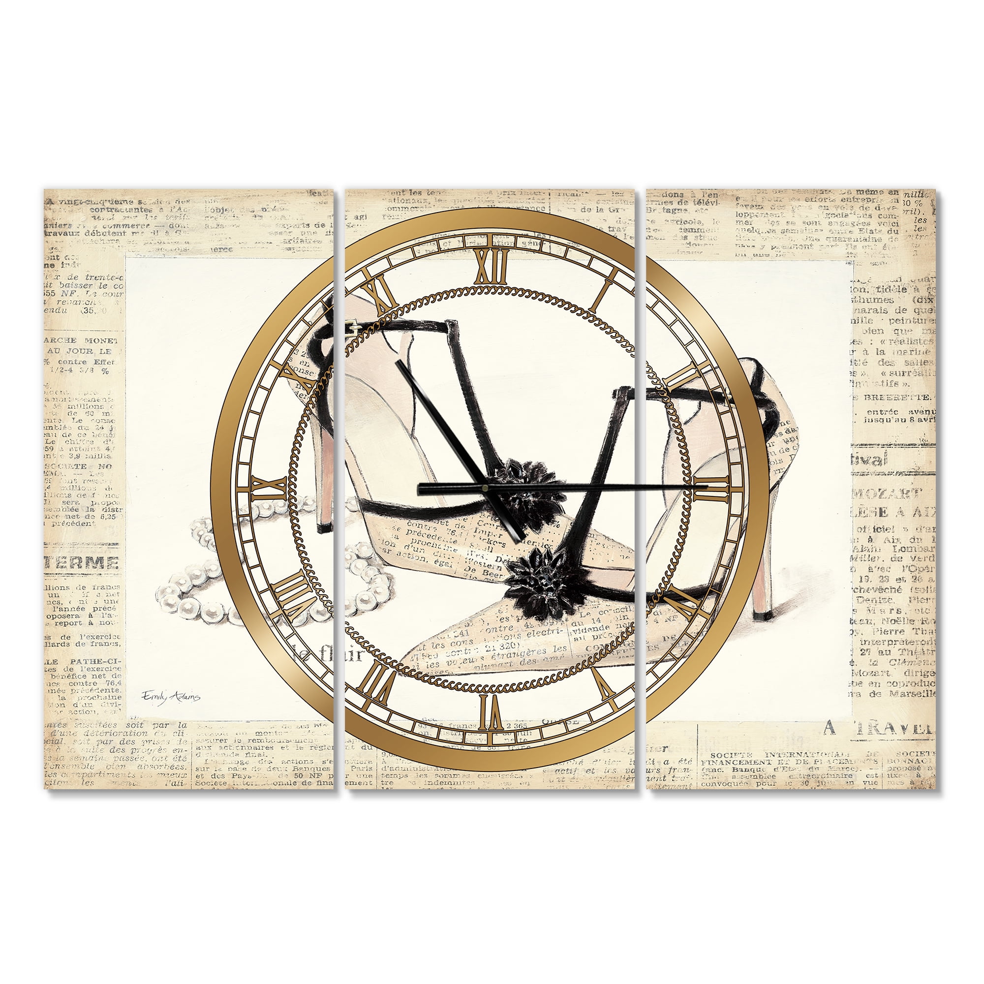 Chic Galm Closet III' Glam 3 Panels Oversized Metal Clock - 36 in. wide x 28 in. high - 3 panels