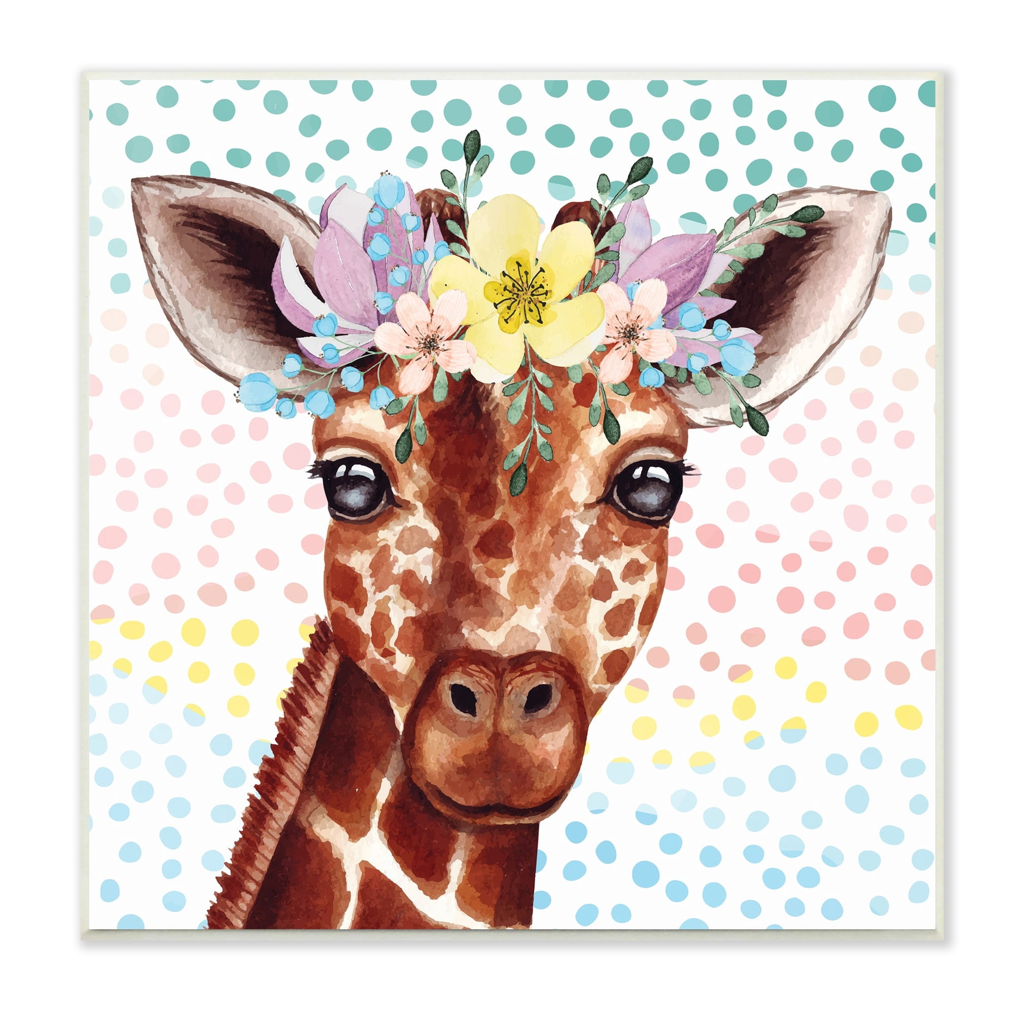 Chic Giraffe Spring Floral Crown Rainbow Polka Dot Ombre 12 in x 12 in Framed Painting Art Print, by Stupell Home Décor