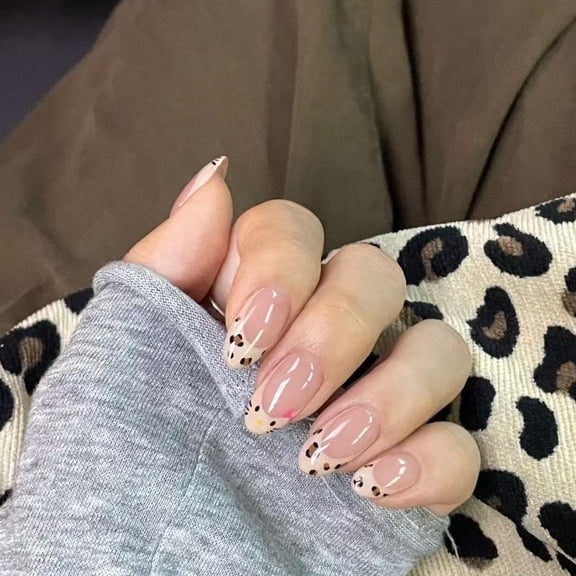 Chic Glossy Leopard French Tip Pink Press On Nails for Women
