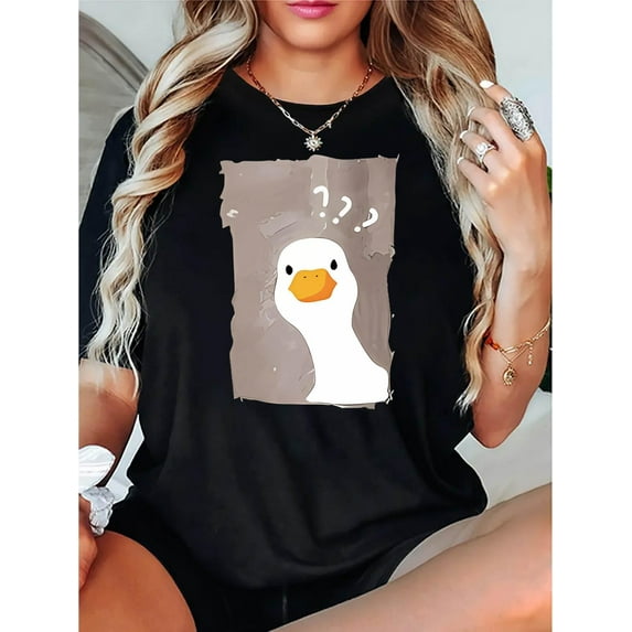 Chic Goose Print Women's T-Shirt - Casual Crew Neck, Short Sleeve, Stretchy Polyester Blend, Machine Washable - Perfect for Summer & Casual AttireFather's Day, Mother's Day, New Year, Spring Festiva