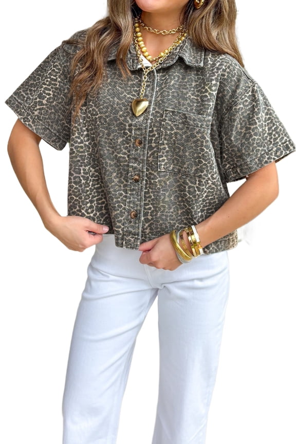 Chic Gray Leopard Print Denim Shirt for Women – Perfect Short Sleeve Top for Summer Outings, L