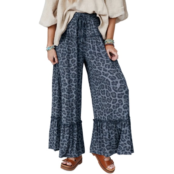 Chic Gray Wild Leopard Print Wide Leg Pants – Flared Drawstring Design for Casual Comfort, XL
