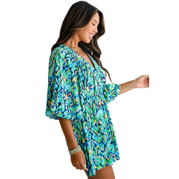 Chic Green Abstract Print Puff Sleeve V Neck High Waist Romper for Women | [ZhiHiMeRi] | (US 16-18)XL