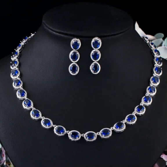 Chic Green Blue CZ Round Long Leaf Earrings Wedding Necklace Jewelry Bridal Set