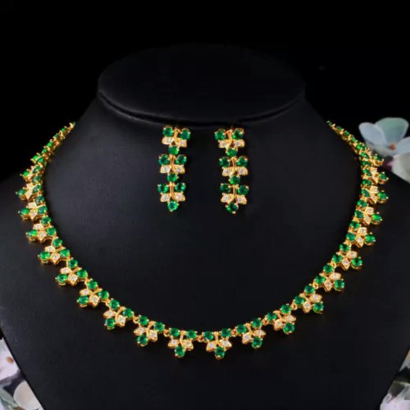 Chic Green Blue CZ Round Long Leaf Earrings Wedding Necklace Jewelry Bridal Set