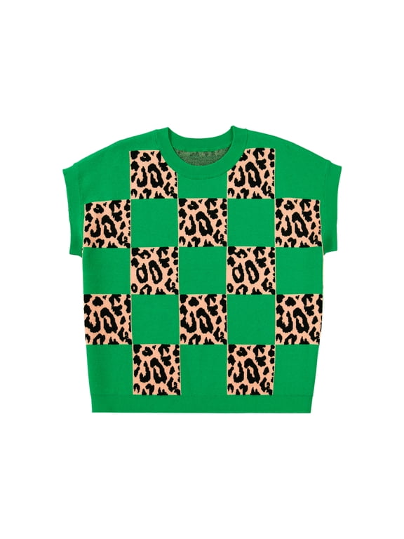 Chic Green Leopard Contrast Sweater for Women – Plus Size Short Sleeve Knit Top Ideal for Summer Casual Looks, 2X