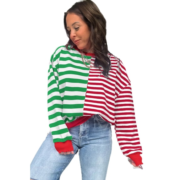 Chic Green Stripe Color Block Sweatshirt – Perfect for Casual Outings This Spring, M