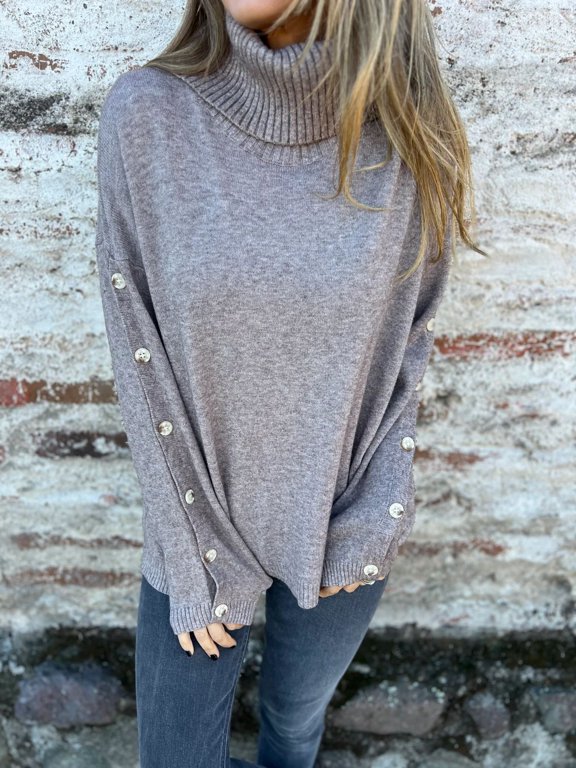 Chic Grey Turtleneck Sweater with Button-Detailed Sleeves: A Fashion-Forward, Comfortable, Versatile, Trendy, Timeless, and Cozy Wardrobe Essential for Effortless Style