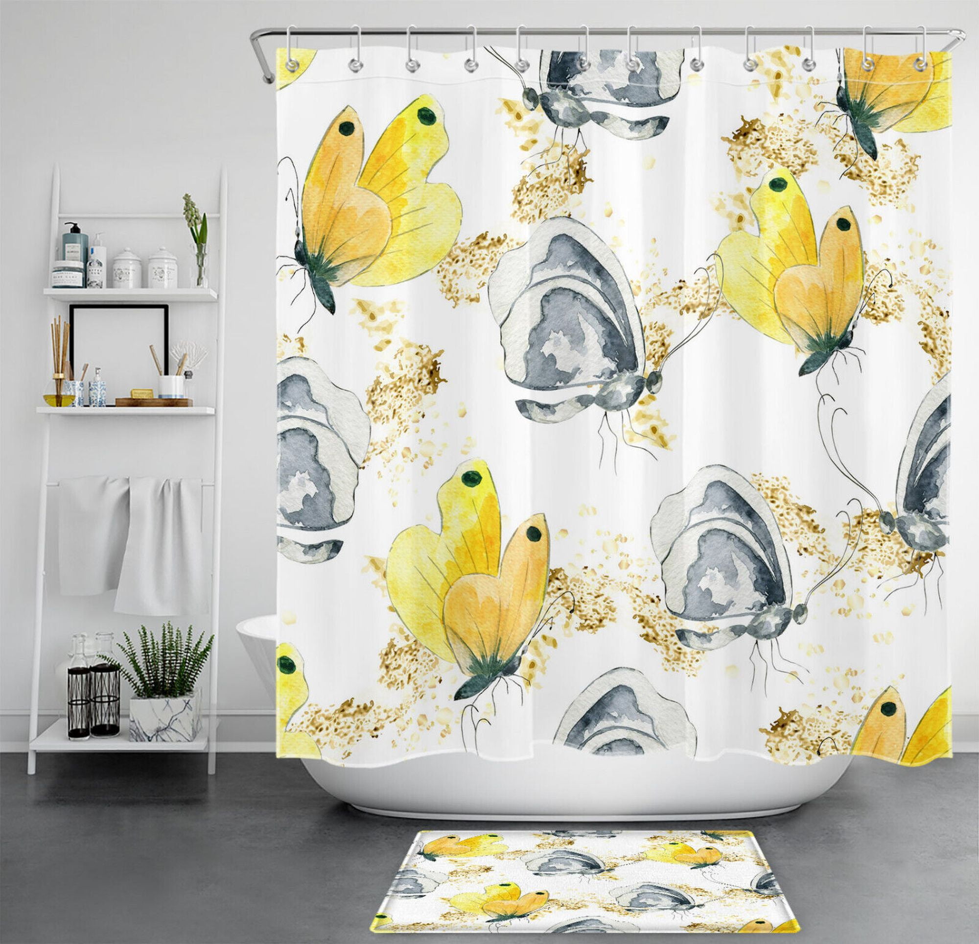 Chic Grey and Yellow Butterfly Shower Curtain Set Elevate Your Bathroom Decor with Rustic