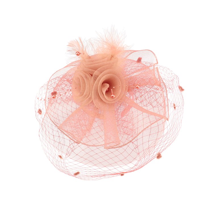 Chic Headwear 3 Flower Mesh Veil Feather Fascinator - Peach  display picture 1