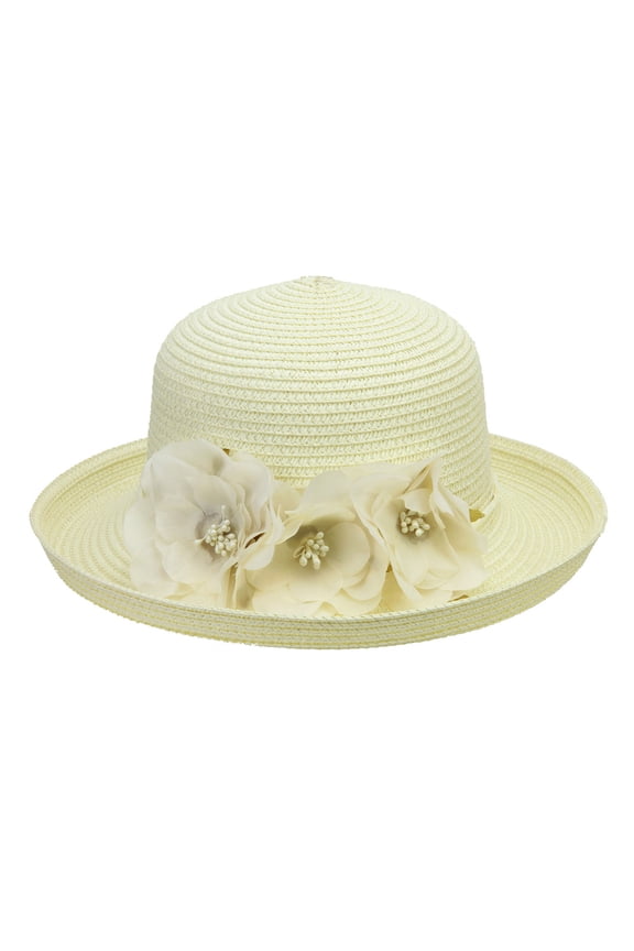Braid Hat w/ Side Flowers - Ivory