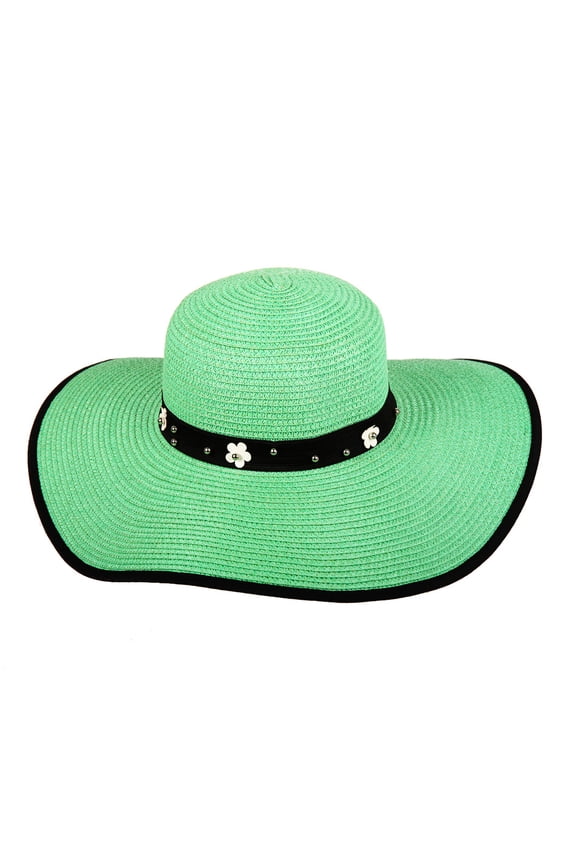 Floppy Paper Braid Sun Hat w/ Flower - Lime Green